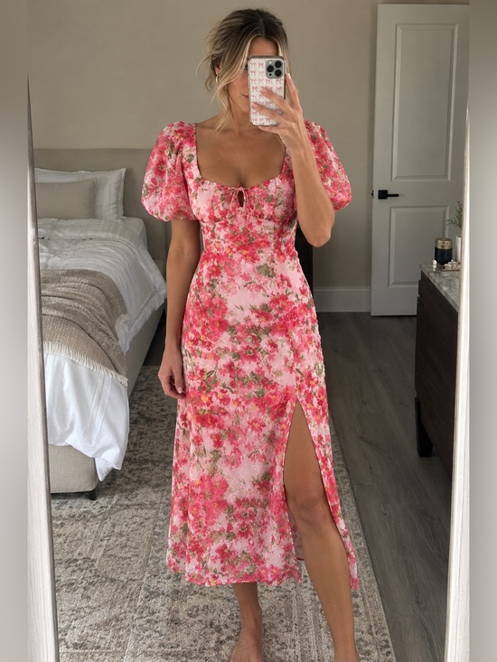 B Darlin Dresses & Skirts - B. Darlin Pink Floral Puff Sleeve Midi Dress Cottagecore Romantic Slit